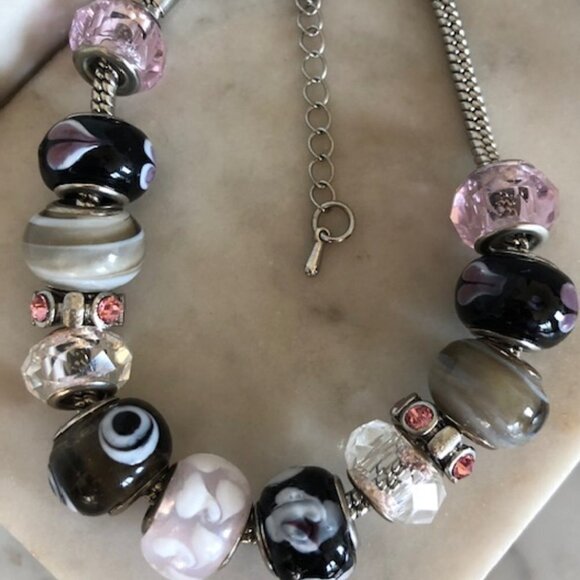 Murano Glass Slider Charm Bracelet Silver Pink Black 11 in long - Picture 6 of 15